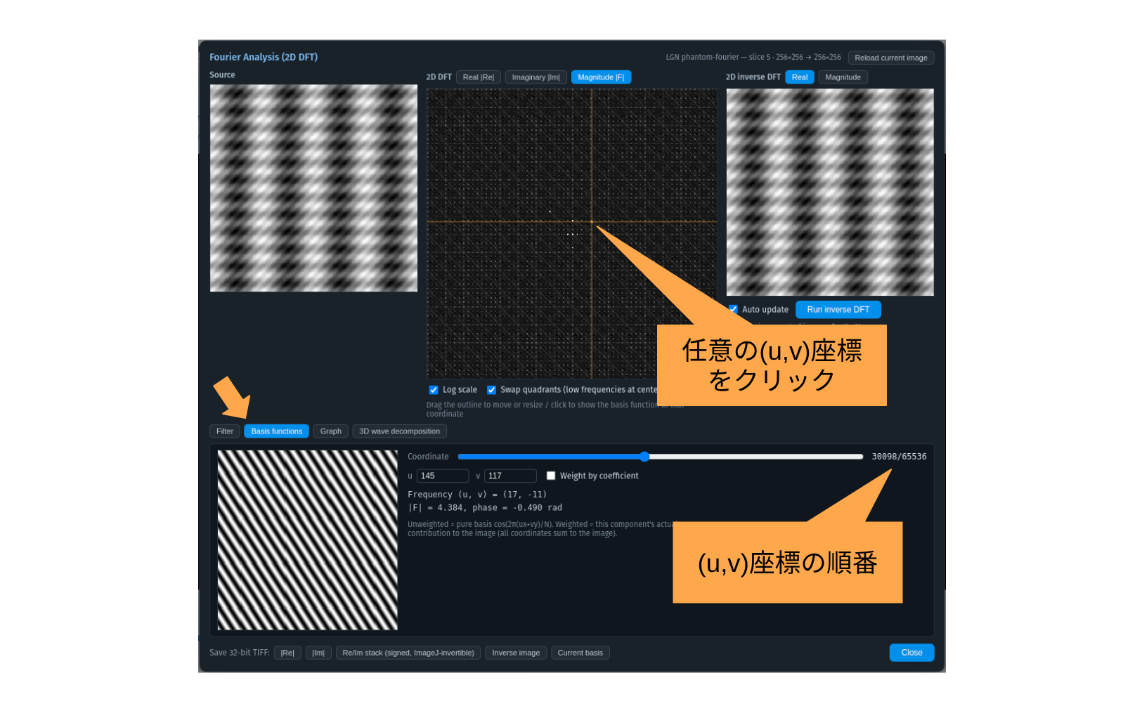 スペクトルの1つの点は、1枚の縞模様（基底関数）に対応する